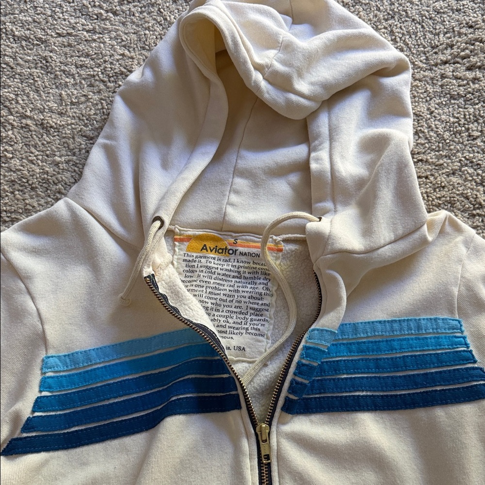 Aviator Nation Off-White Hoodie with Teal Stripes